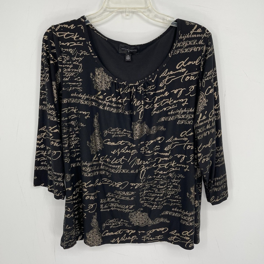Investments Women's Black Gold Script Print Stretch 3/4 Sleeve Top Plus Size 1X